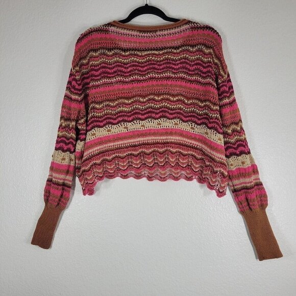 Zara Cropped Knit Sweater Women Size Large Pink Stripes Scallop Hem Boho Hippie - Picture 7 of 11